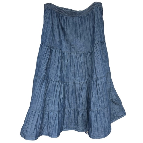 Tiered Beaded Chambray Denim Midi Skirt Size 12 Blue Cottage Boho Western - Picture 2 of 8